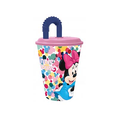 timbale minnie avec paille Timbale avec paille intégrée MINNIE (Rose-430ml) – Image 1