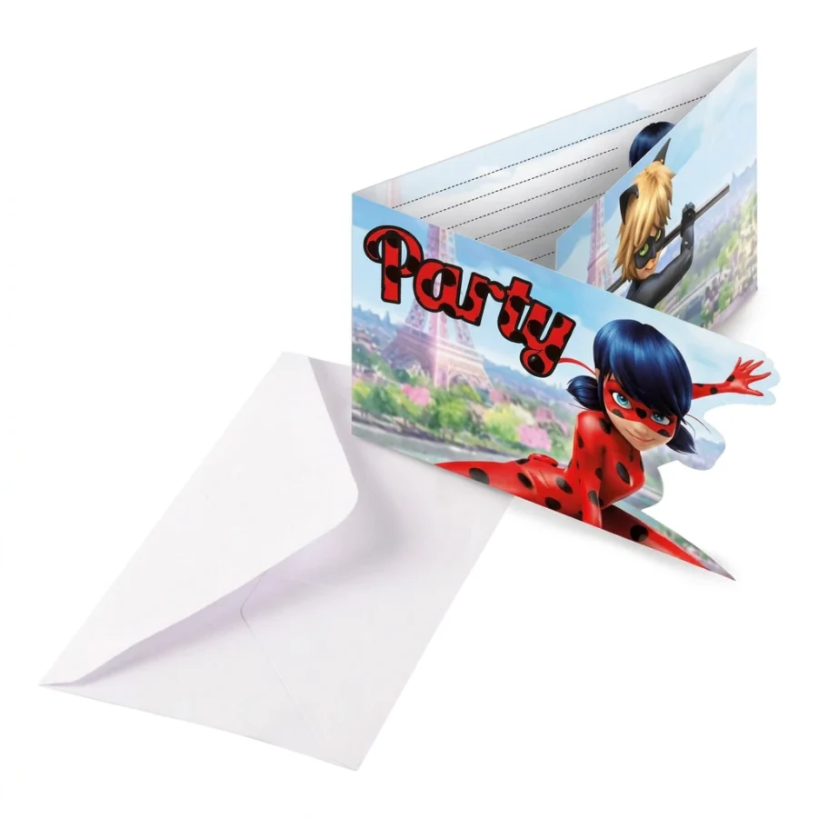 8 cartes d'invitation+enveloppes MIRACULOUS LADYBUG