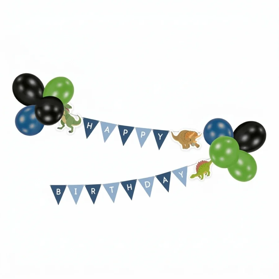 Guirlande décorative fanions Happy Birthday + ballons DINOSAURE